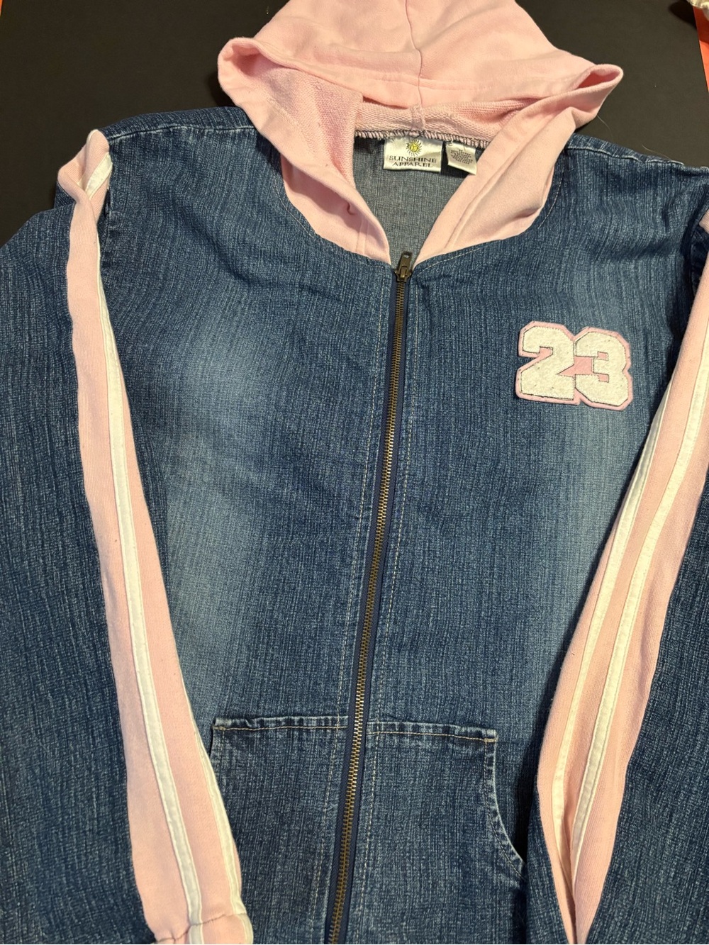 Vintage Y2K Sunshine Apparel Denim Hooded Jacket Pink Stripes Patch 3X